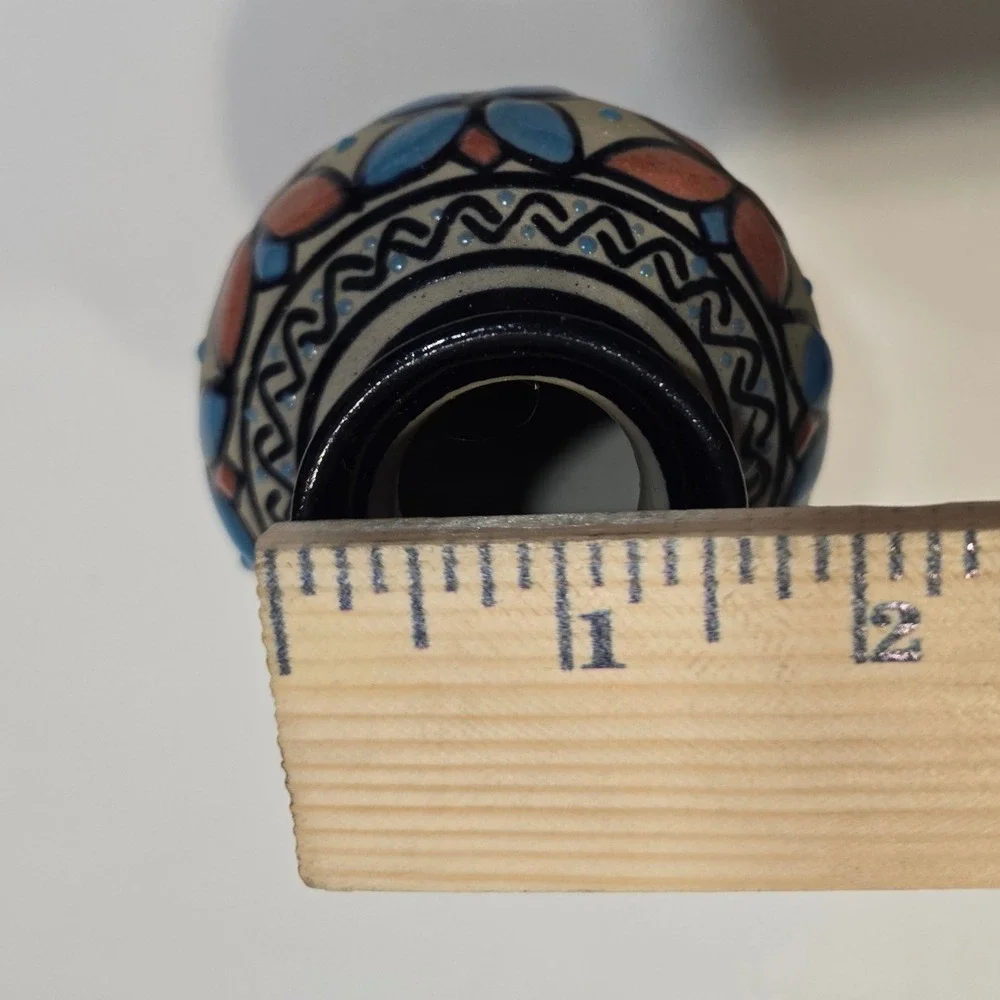 Servin Mervin 1996 Signed Artisan Pottery Bud Vase Blue Orange Geometric Floral‎